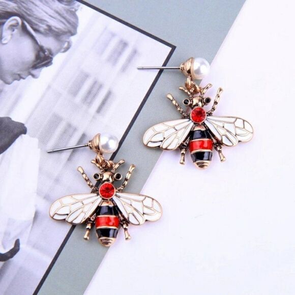 Red Enamel Glaze Bumble Bee Pearl Crystal Gold Statement Dangle Earrings - Picture 5 of 8